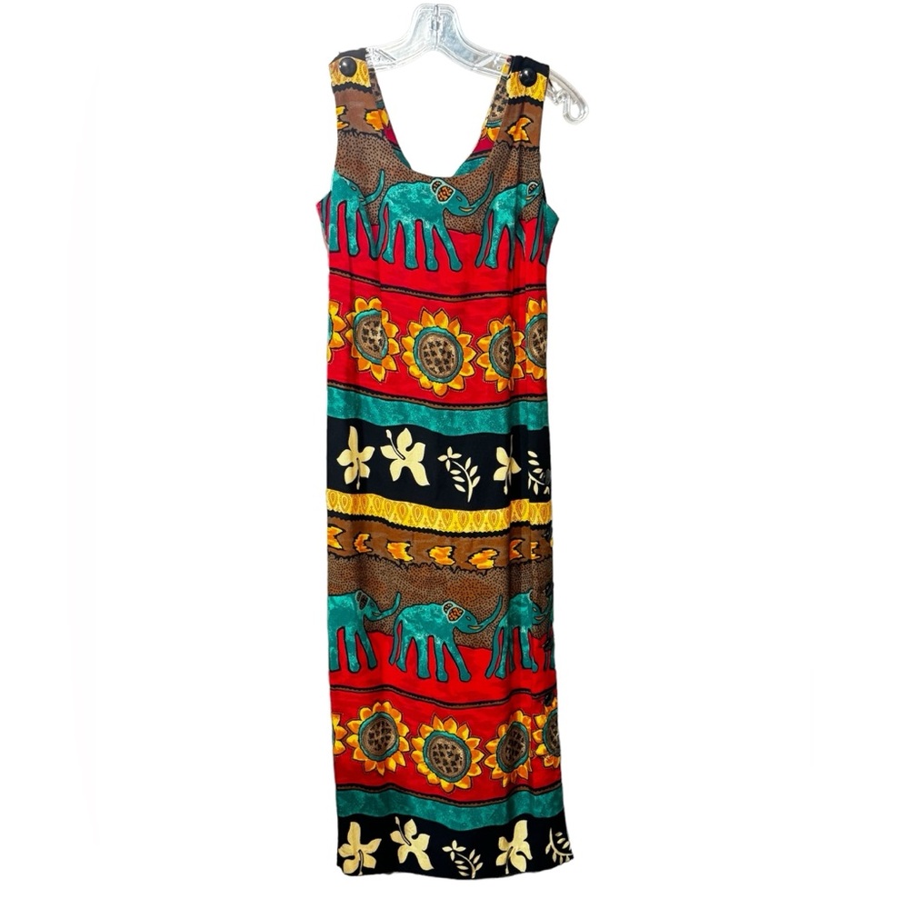 WNY Dress Womens Elephant Print Floral Sleeveless Round Neck Vintage USA size 2P
